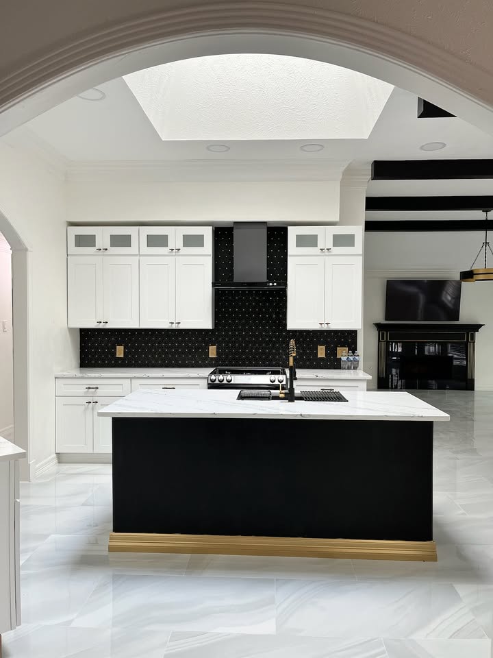 Completed black-and-white custom kitchen renovation